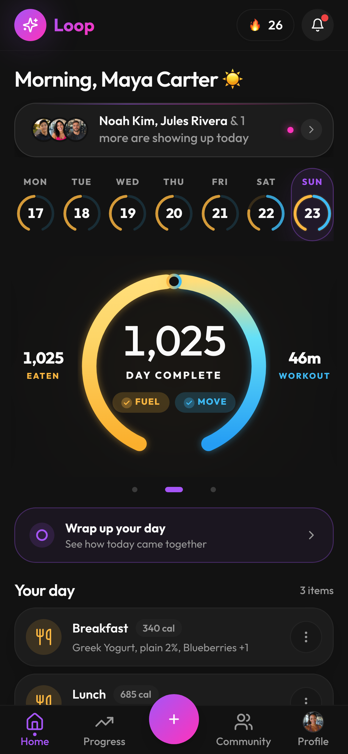 The Loop app home screen: a 26-day streak, friends Noah, Jules and Evan showing up today, and a completed daily loop of 1,025 calories eaten and a 46-minute workout.