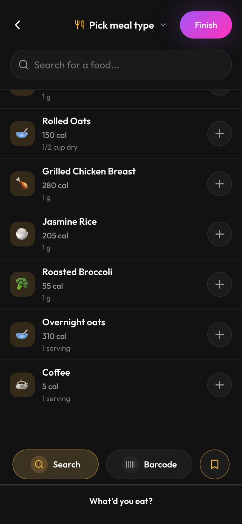 Loop's meal builder: recent foods each with their own icon — rolled oats, grilled chicken, jasmine rice, roasted broccoli, overnight oats, coffee — plus search, barcode, and saved-food entry modes.