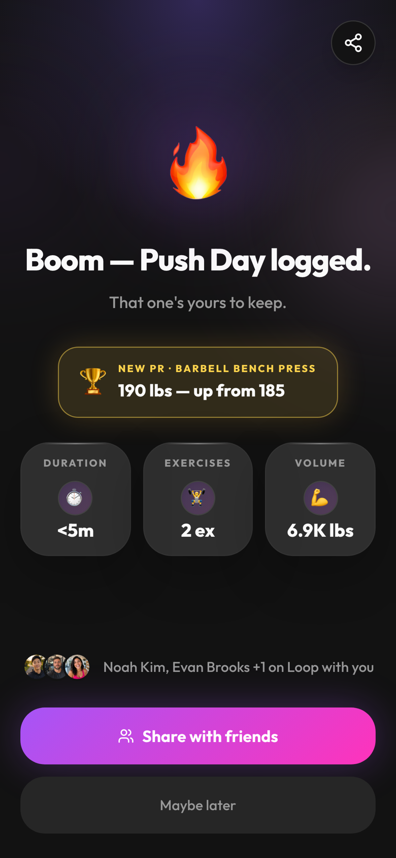 Loop's workout win screen: 'Boom — Push Day logged', with a gold chip reading New PR, Barbell Bench Press, 190 pounds, up from 185.