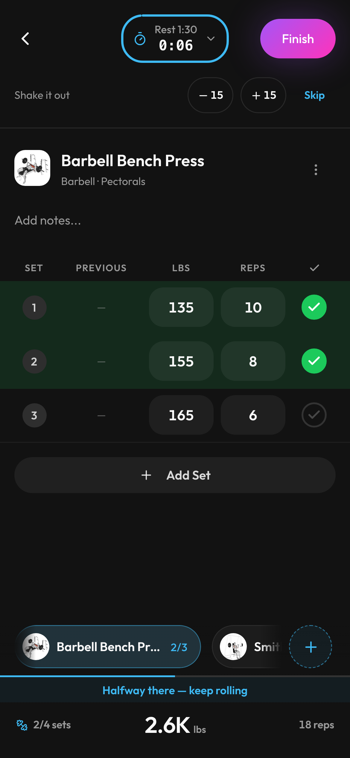 Loop's workout logger mid-session: Barbell Bench Press with demonstration imagery, two completed sets, a running rest timer, and live session volume.